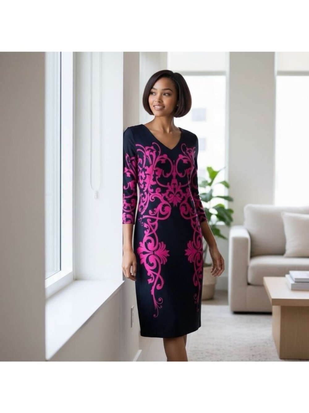 David Meister Black & Pink Scroll Print Midi DressV-Neck 3/4 Sleeves 14